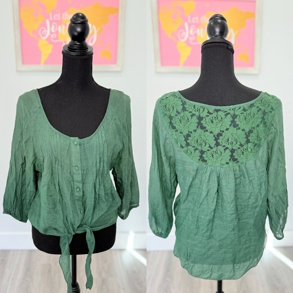 Mine Green Button Up Front Tie Blouse (L)